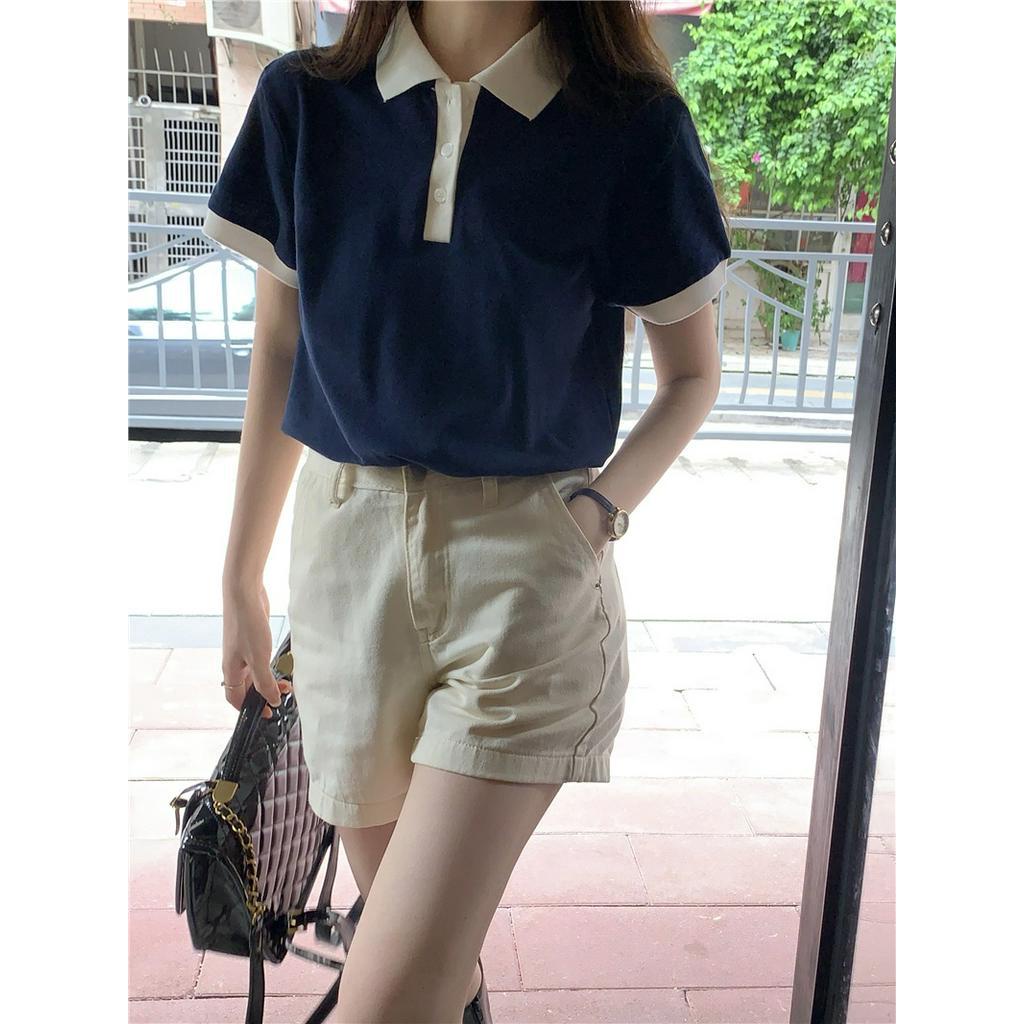 Áo Thun polo Ngắn Tay Màu Tương Phản Phong Cách Hàn Quốc Thời Trang Mới 65406