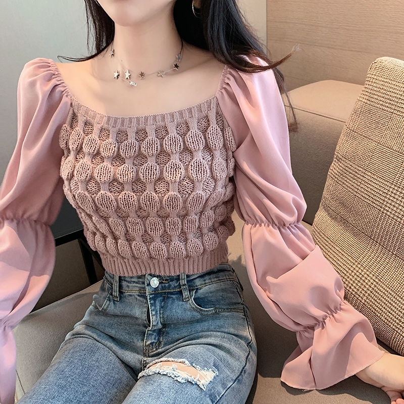 Áo Dệt Kim Tay Dài Cổ Vuông Phối Voan Xinh Xắn Thời Trang Cho Nữ