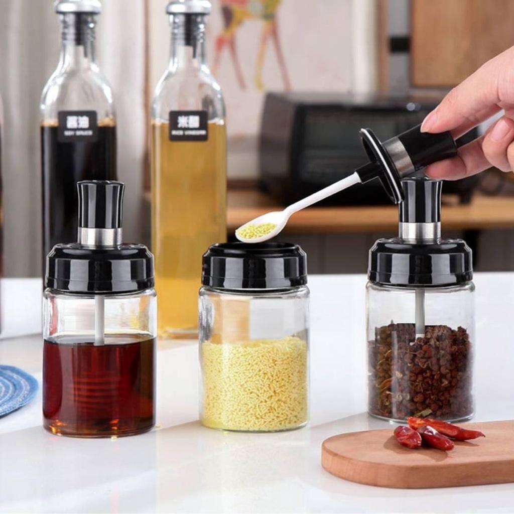 Hũ chai đựng gia vị - Lọ đựng gia vị thủy tinh kèm muỗng tiện lợi thông minh, đa năng