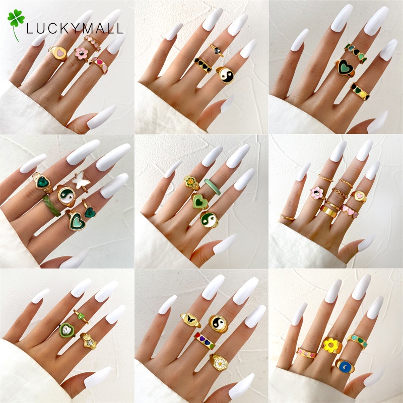 Nhẫn đeo tay kim loại đính đá resin nhiều màu sắc thời trang cho nữ