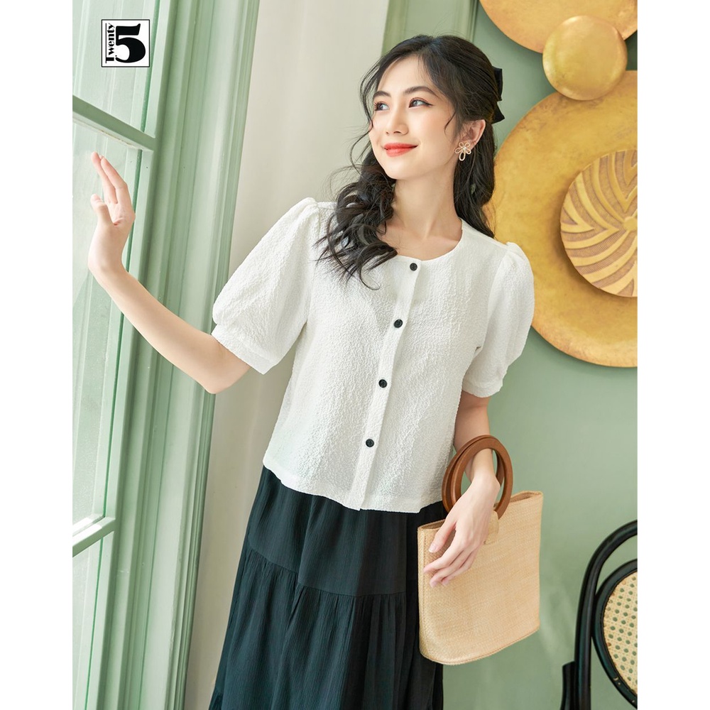 Áo sơ mi kiểu TwentyFive nữ tiểu thư tay bồng dáng lửng chất thun xốp - Áo sơ mi cách điệu đi học, đi làm NA1