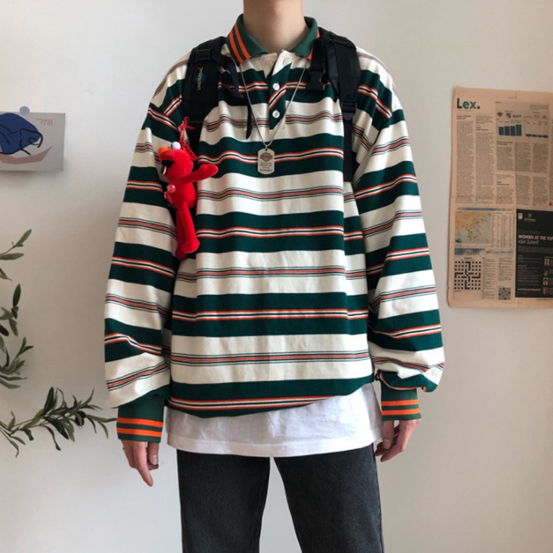 Áo thun POLO tay dài kẻ sọc thời trang mùa thu cho cặp đôi