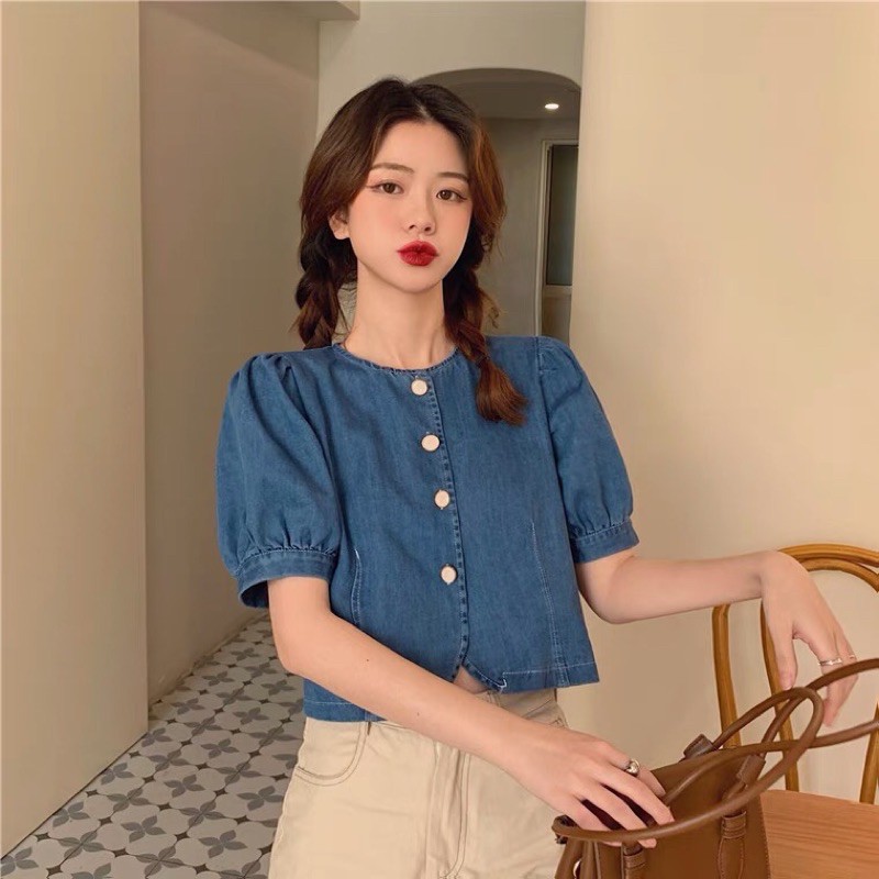 Áo sơ mi bò không cổ, áo bò ngắn tay cúc trước