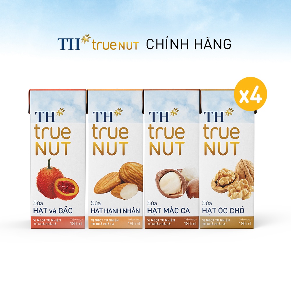 4 Lốc sữa hạt hạnh nhân, mắc ca, óc chó, gấc của TH True Nut 180ml (180ml x 4 hộp)