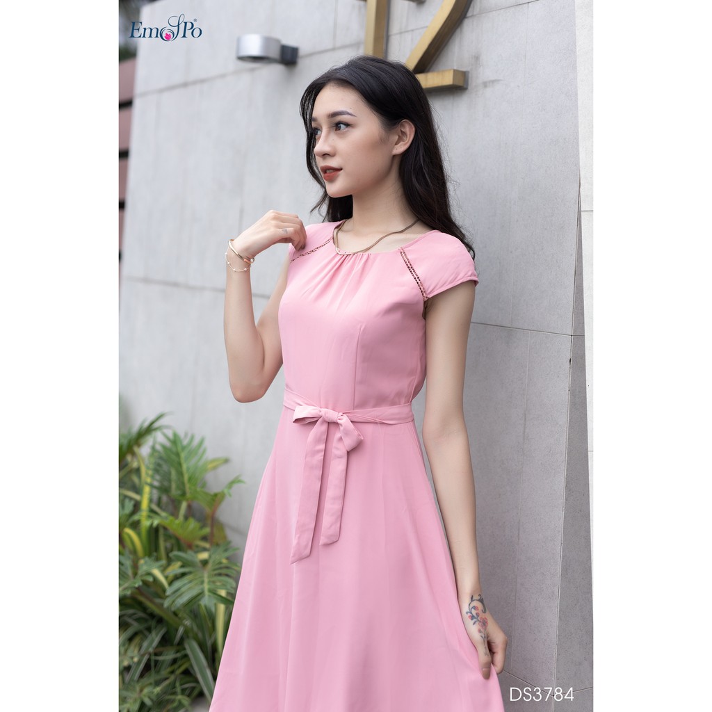 Đầm xòe tay phối ren, rúm ly cổ Emspo DS3784