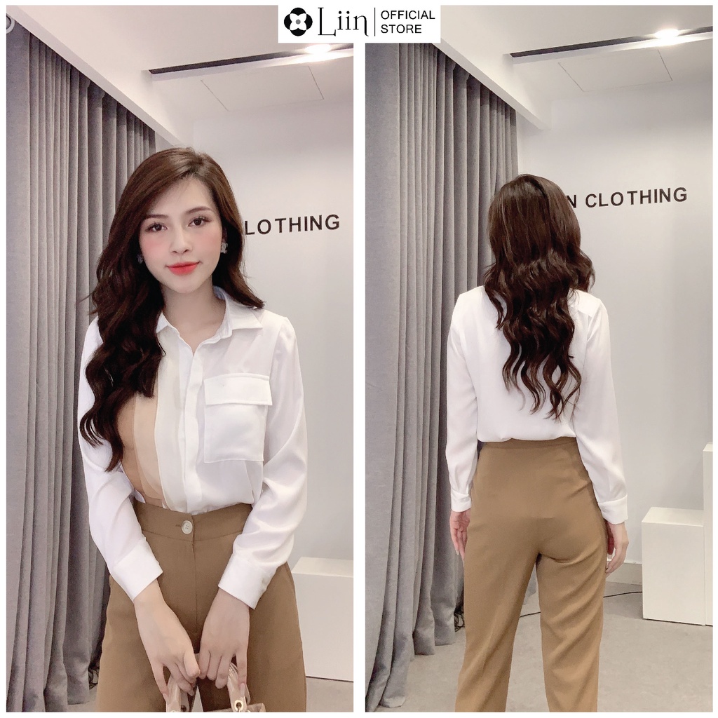 Áo sơ mi nữ màu Trắng chất Lụa dài tay kết hợp 1 Túi xinh xắn Liin Clothing SM3600