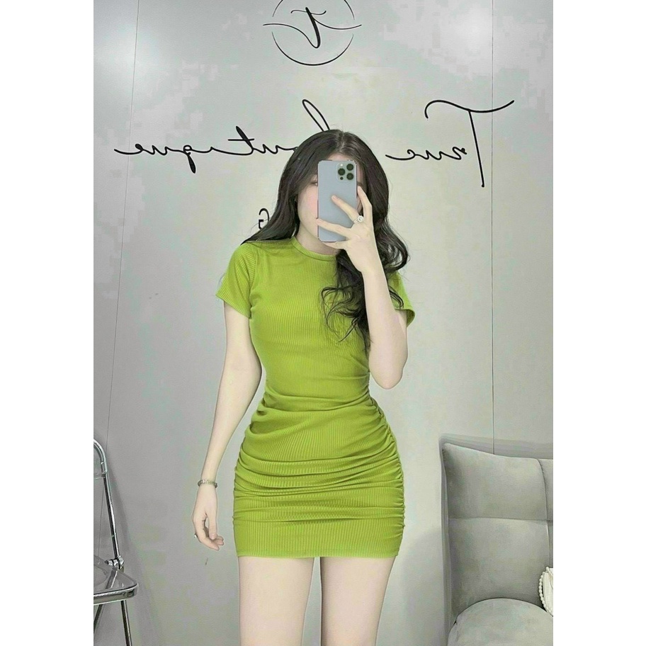 đầm body ôm tay ngắn có mút hở cột dây lưng chất gân h