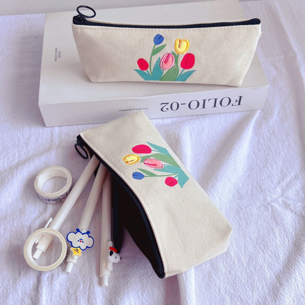 Túi Đựng Bút Bằng Vải Canvas In Họa Tiết Hoa Tulip Xinh Xắn Tiện Dụng Cho Văn Phòng /