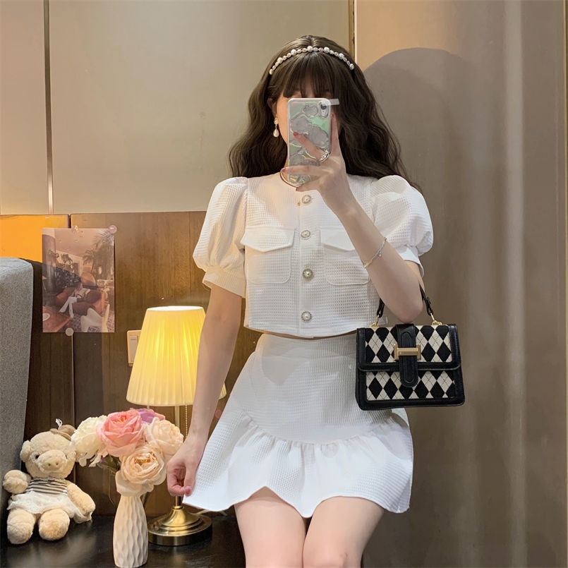 Set đồ COZOKC gồm áo sơ mi tay ngắn và chân váy lưng cao thời trang dành cho nữ