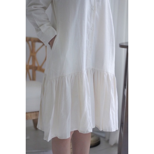 Đầm sơ mi linen babydoll trắng/hồng