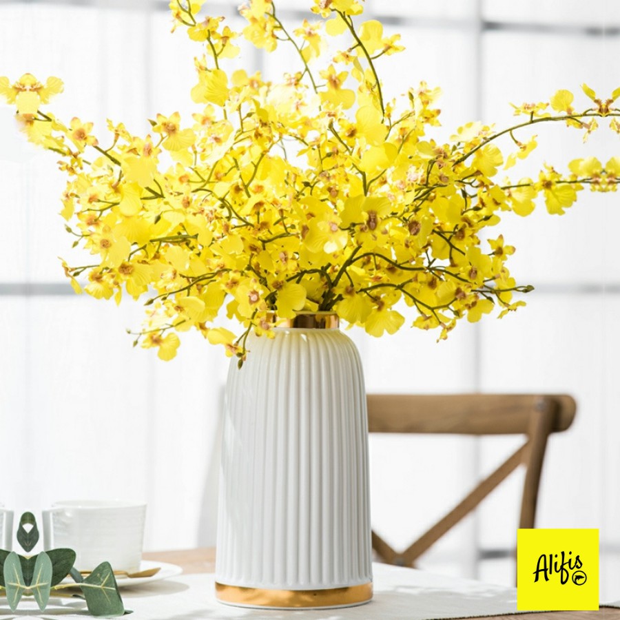 Lọ hoa, bình hoa decor hình trụ viền vàng với 3 màu sang trọng - trang trí phòng khách