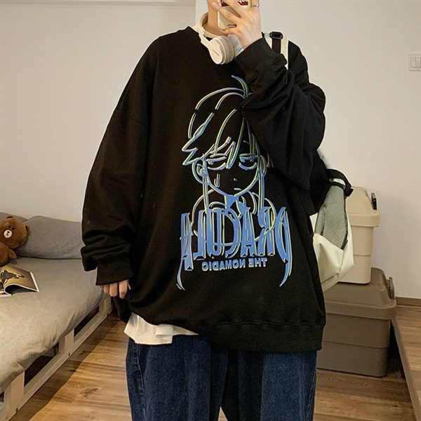 Áo Sweater Cổ Tròn Lót Nhung Dáng Rộng In Họa Tiết Hoạt Hình Thời Trang Cho Nam Size M-5XL