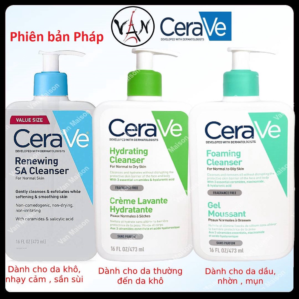 Sữa rửa mặt cerave dạng gel nhẹ dịu dành cho da thường da dầu da mụn da khô da nhạy cảm 236ml 473ml - phiên bản Pháp