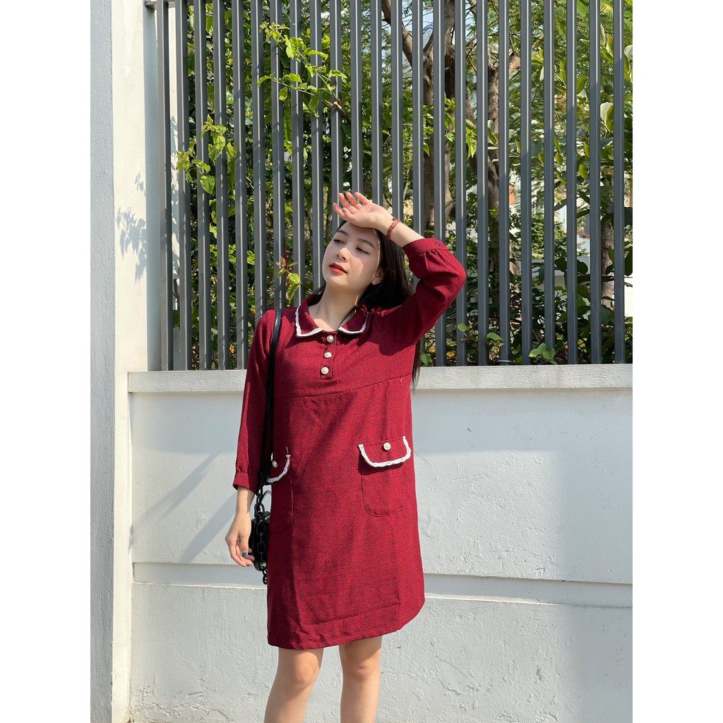 Váy bầu bigsize - Đầm bầu thiết kế GuMe Dạ Đỏ Phối Viền Ren size từ 40-100kg MB199 - ảnh thật