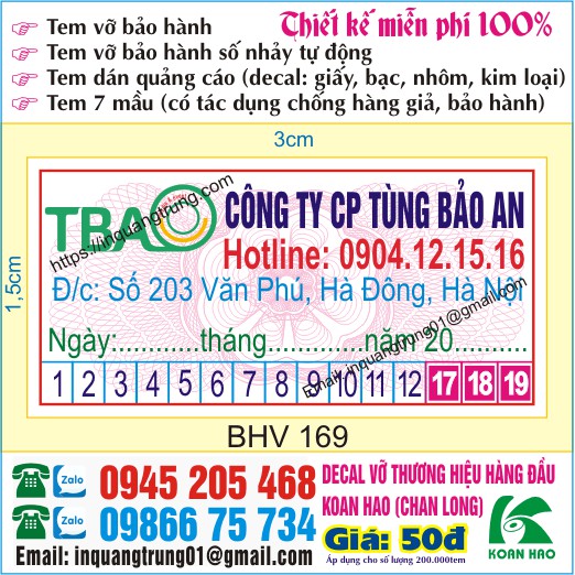 In tem bảo hành tại Bà Rịa - Vũng Tàu