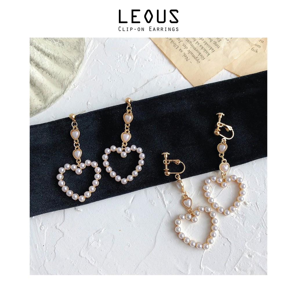 Khuyên tai kẹp không bấm lỗ chốt điều chỉnh K075 bằng hợp kim mạ vàng hình trái tim đính hạt trai bigsize dáng dài Leous