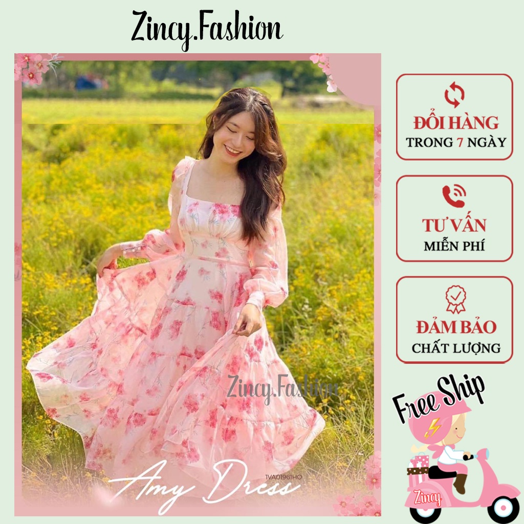Váy Hoa Nhí Cổ Vuông Tay Dài Dáng Xoè Dây Cột Eo Đầm Midi Xoè Voan Hoa Hồng Tiểu Thư Thanh Lịch Ngọt Ngào ĐHHTD01