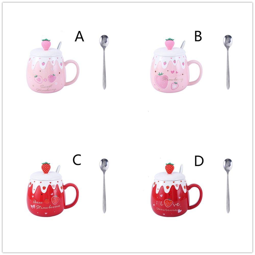 PISTA Cốc Sứ Uống Cà Phê Có Nắp Đậy Họa Tiết Dâu Tây Mới