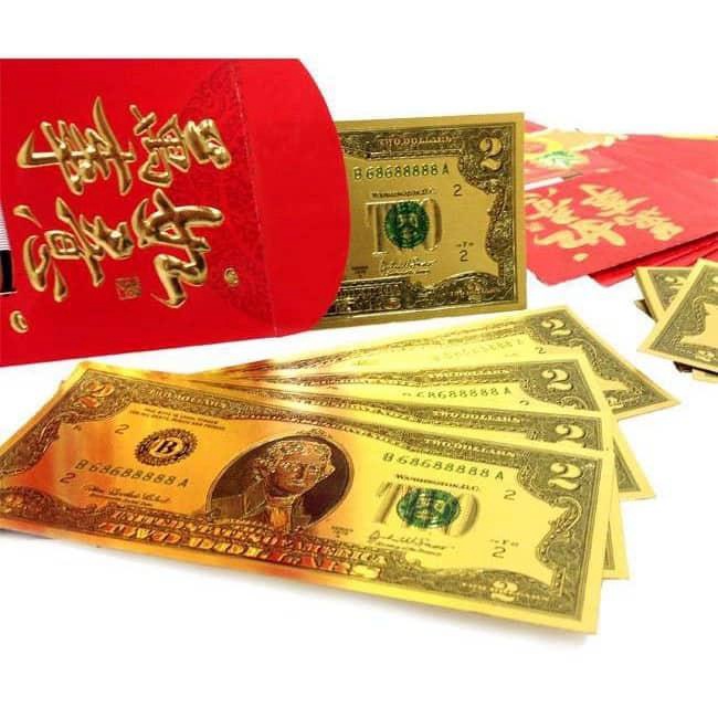 Combo 2-10 tờ Đô Mạ Vàng May Mắn Loại 2 và 100 Đô in nổi 2 mặt độc đáo trên chất liệu polyme mạ vàng sáng đẹp.