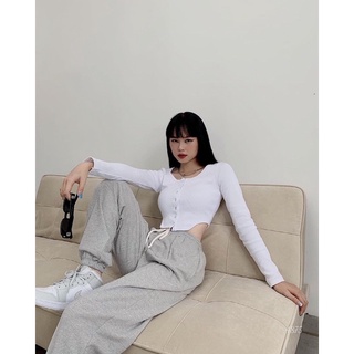 Croptop cúc nút bấm tay dài xéo eo
