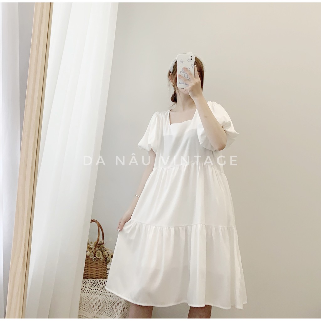 váy, đầm babydoll tay bồng freesize 3 màu trắng, be, đen (cam kết ảnh shop chụp thật 100%)