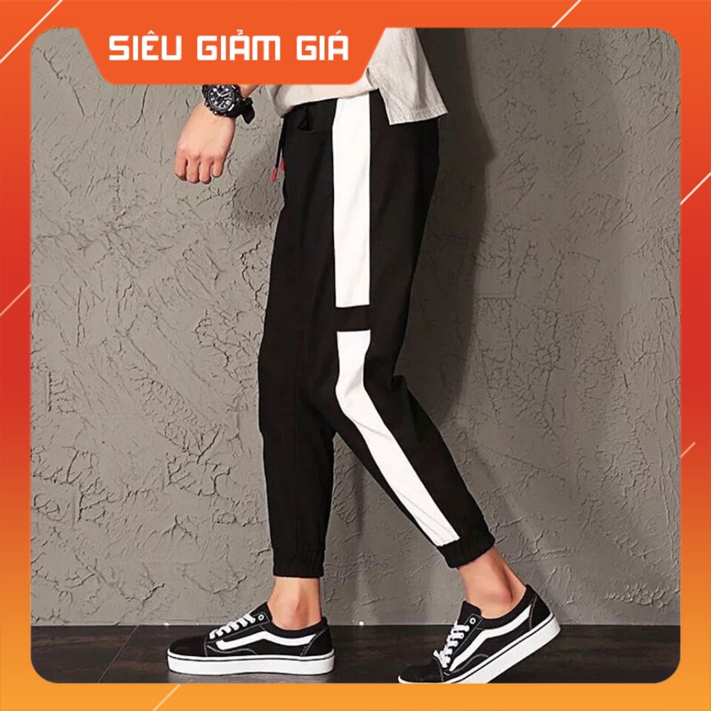 Quần Jogger co dãn 4 chiều đen sọc trắng lé vạch ngang đen ( có ảnh thật và clip review sản phẩm )