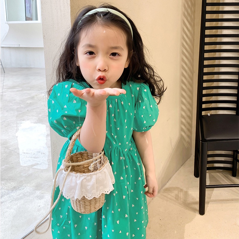Đầm Tay Phồng In Họa Tiết Trái Tim Dễ Thương Thời Trang Mùa Hè Cho Bé Gái