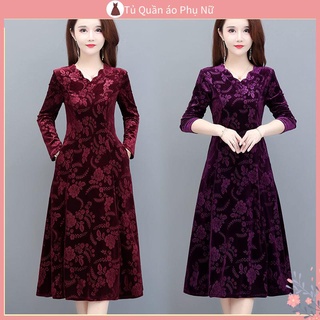 Váy Nhung Đỏ Nữ Đầm Nhung Dài Qua Gối Cao Cấp Phong Cách Phương Tây Thời Trang Mùa Thu 2021 Mới Cỡ Lớn Tay Dài Cho Mẹ