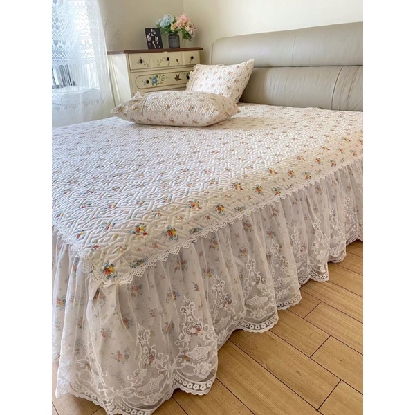 Set ga gối phủ trần bông cotton viền bèo ren 2021 - 3 món tiểu thư - hàng loại 1