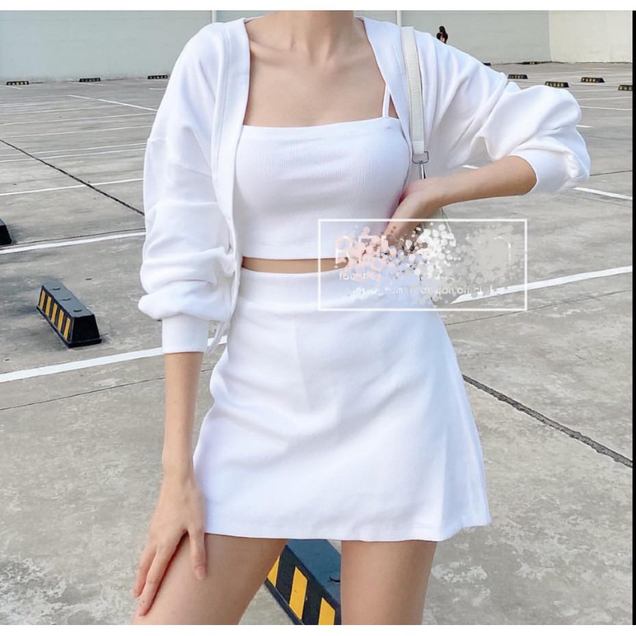 Set áo croptop 2 dây kèm khoác và chân váy chữ A