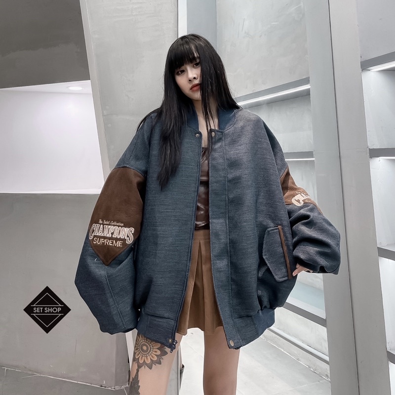 Áo khoác Bomber phối da lộn màu nâu xanh than cực độc