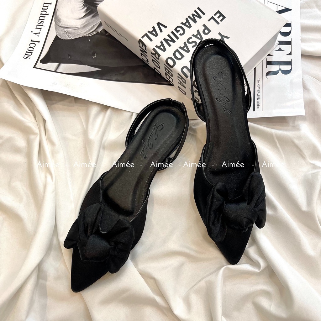 Sandal Bít Mũi Nơ Lụa Đế Thấp Quai Chun Giúp Giữ Chắc Khi Bước Đi Không Bị Nhấc Gót