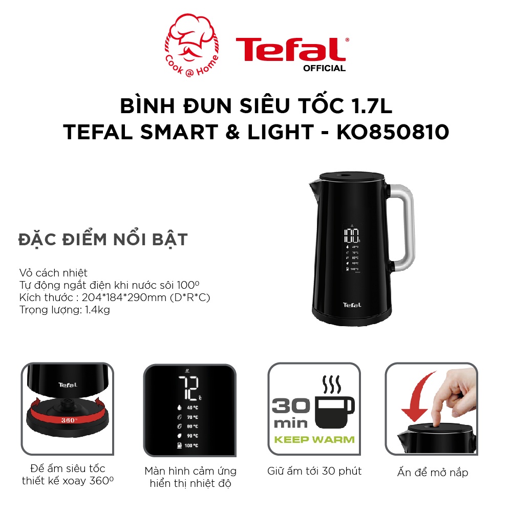 [Mã BMBAU200 giảm 7% đơn 699K] Bình đun siêu tốc Tefal Smart &amp; Light KO850810 - 1.7L, 1800W