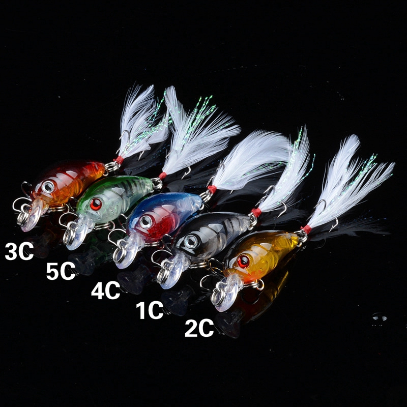 Set 5 Mồi Giả Nhử Cá 45mm/4g Kèm 10 Mồi Câu# Mồi Câu Cá Nhân Tạo 3D Bằng Nhựa Gắn Lông Vũ Độc Đáo