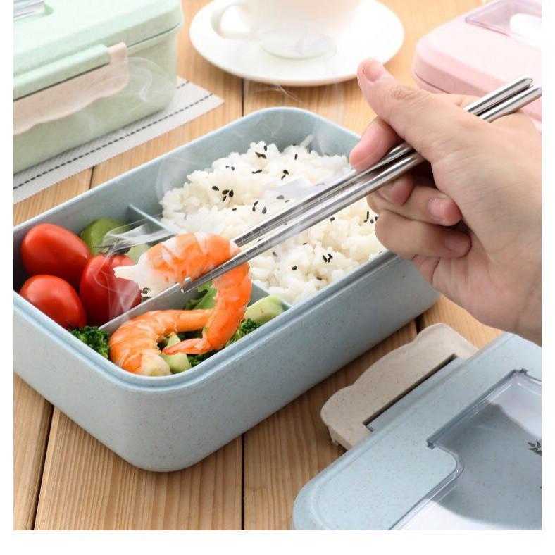 Hộp Cơm Văn Phòng Lúa Mạch Có Quai Sách Tặng Kèm Đũa , Thìa Inox, có nắp ngăn cách nhiệt , Tiện Dụng