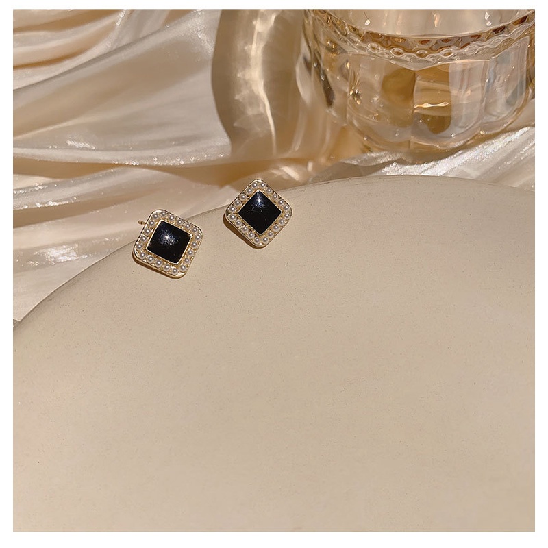 Khuyên tai nhỏ màu đen đính ngọc trai giả đơn giản phong cách Pháp cổ điển cho nữ