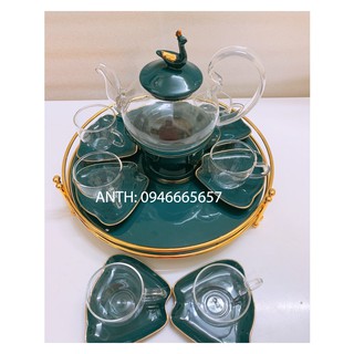Bộ ấm chén thủy tinh xanh pha trà có đế châm nến