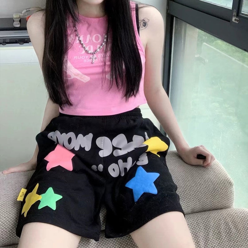 Quần Short Thể Thao Màu Đen Lưng Cao Ống Rộng In Họa Tiết Ngôi Sao Phong Cách Hip Hop Mỹ