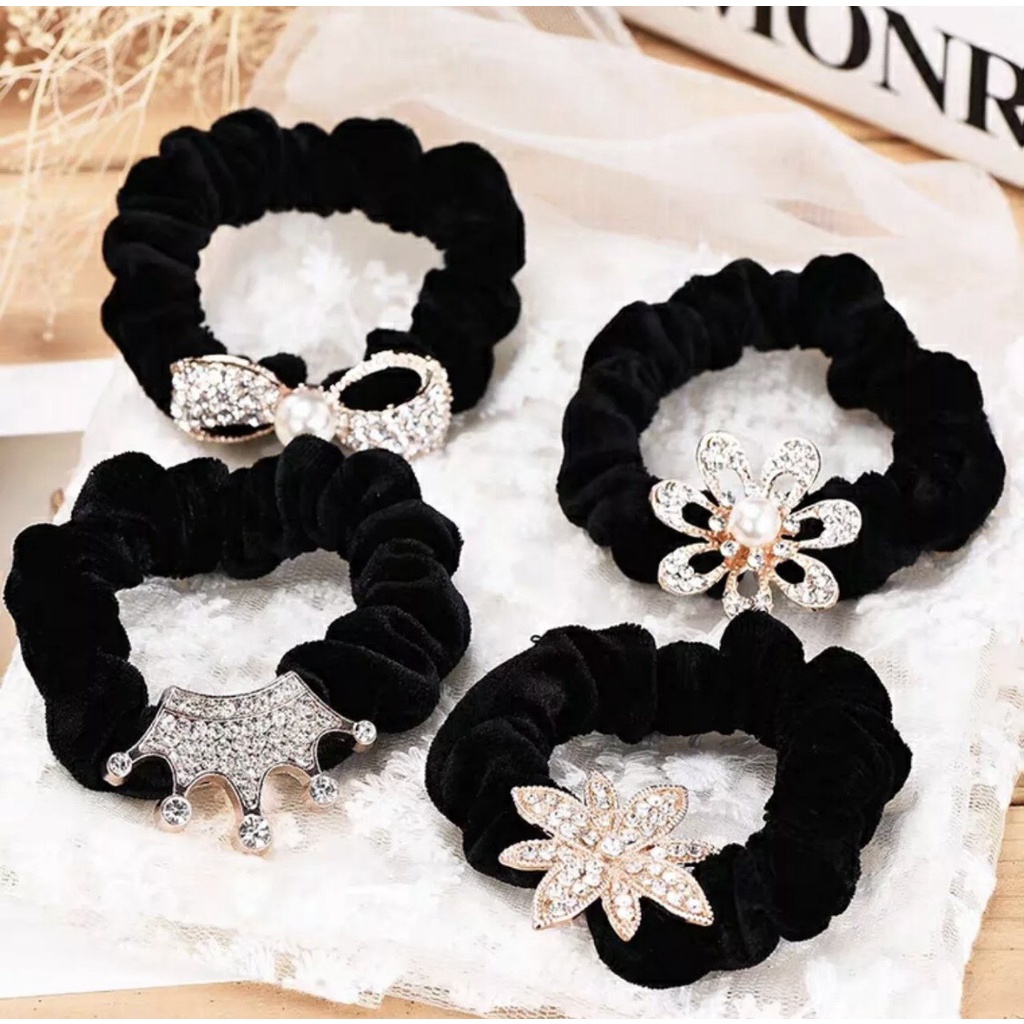 Dây Cột Tóc, Buộc Tóc Nhung Cho Mẹ Đính Sticker Lấp Lánh Sang Trọng HALA0014