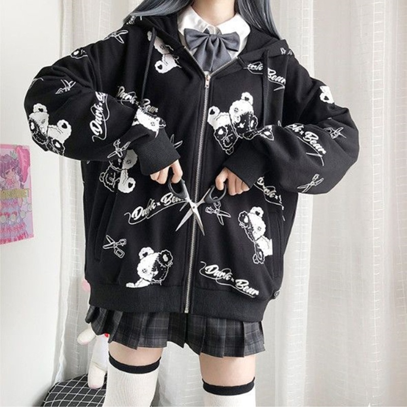 Brroa Áo Khoác Tay Dài Có Khóa Kéo In Hình Gấu Hoạt Hình Phong Cách Gothic Punk Harajuku Mùa Thu Cho Nữ