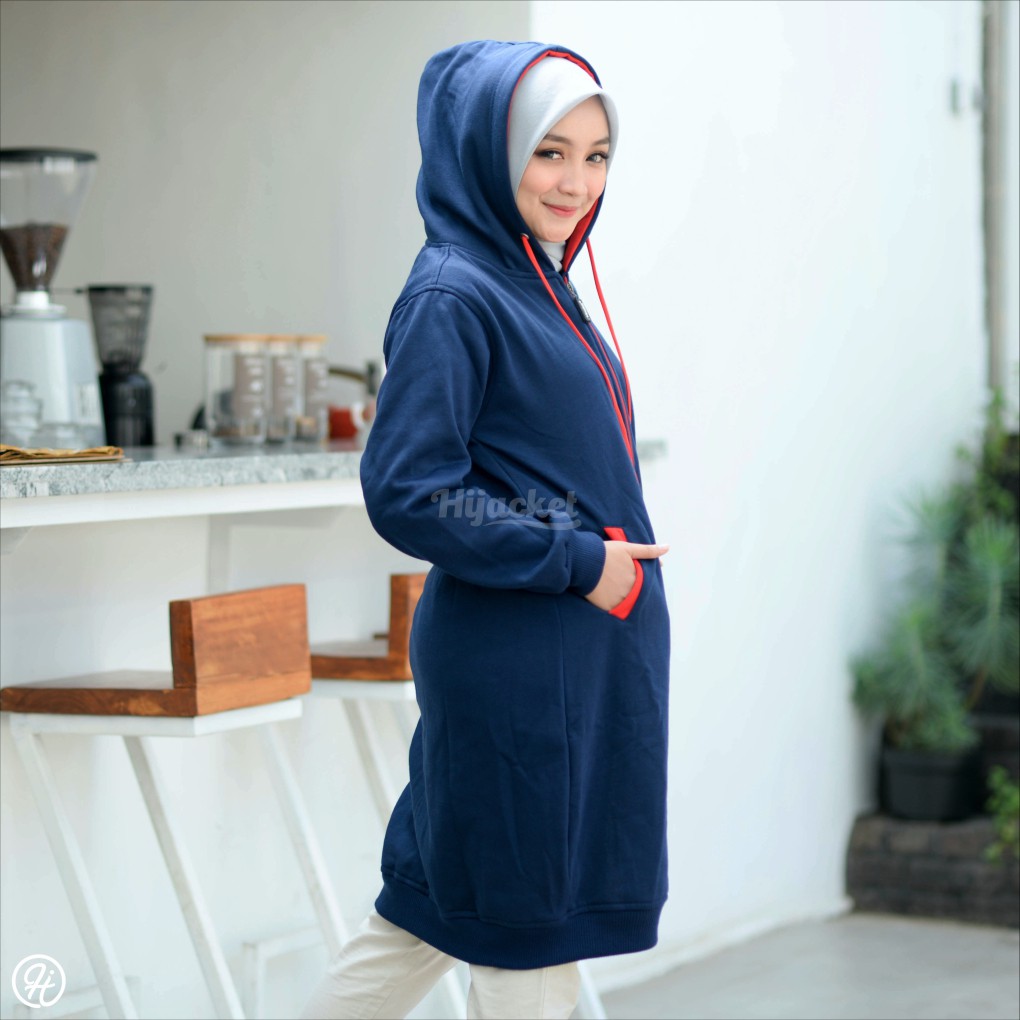 Áo Khoác Hoodie Dáng Dài Màu Xanh Navy / Đỏ Chất Liệu Dày Dặn Thời Trang Cho Nữ