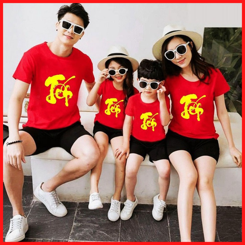 Áo Thun Đồng Phục Gia Đình Màu Đỏ In Chữ TẾT