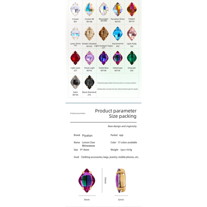 Hạt Cườm Hình Quả Chanh 9x14MM K9 Dùng Trang Trí Quần Áo