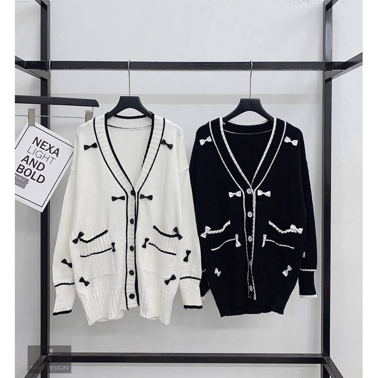 Áo Cardigan Len Dáng Dài hoạ tiết nơ, mặc thành áo khoác
