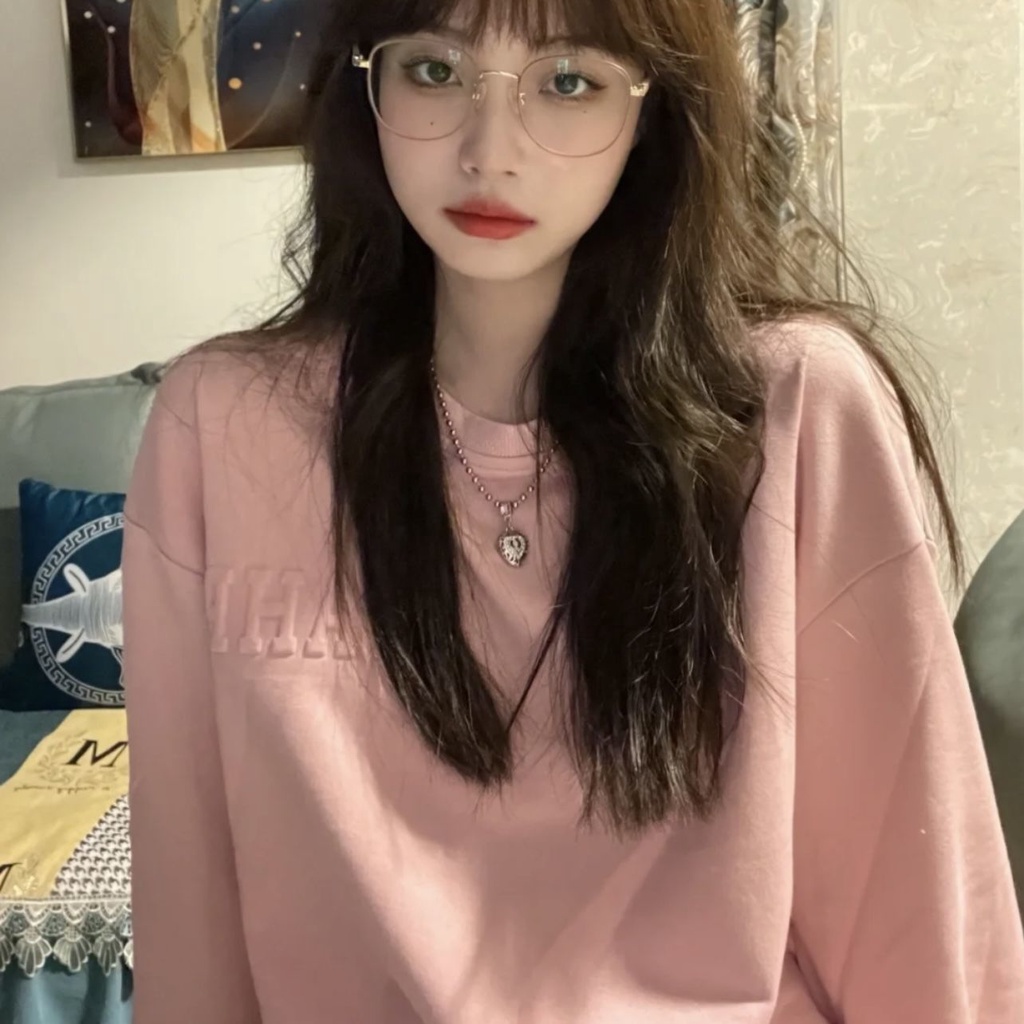 Phụ Nữ Nhỏ Nhắn [Chữ Lõm] Áo Sweater Cổ Tròn Nhỏ Màu Hồng Phong Cách Harajuku BF