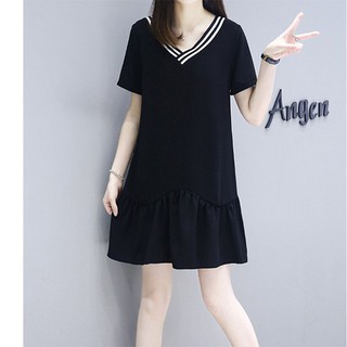 Đầm dáng xòe trơn đơn giản váy cổ viền trắng đen