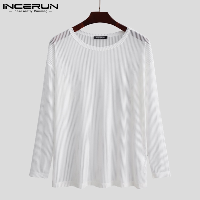 Áo Thun INCERUN Dành Cho Nam Thiết Kế Cổ Tròn Họa Tiết Kẻ Sọc Tay Dài Màu Trắng/ Đen