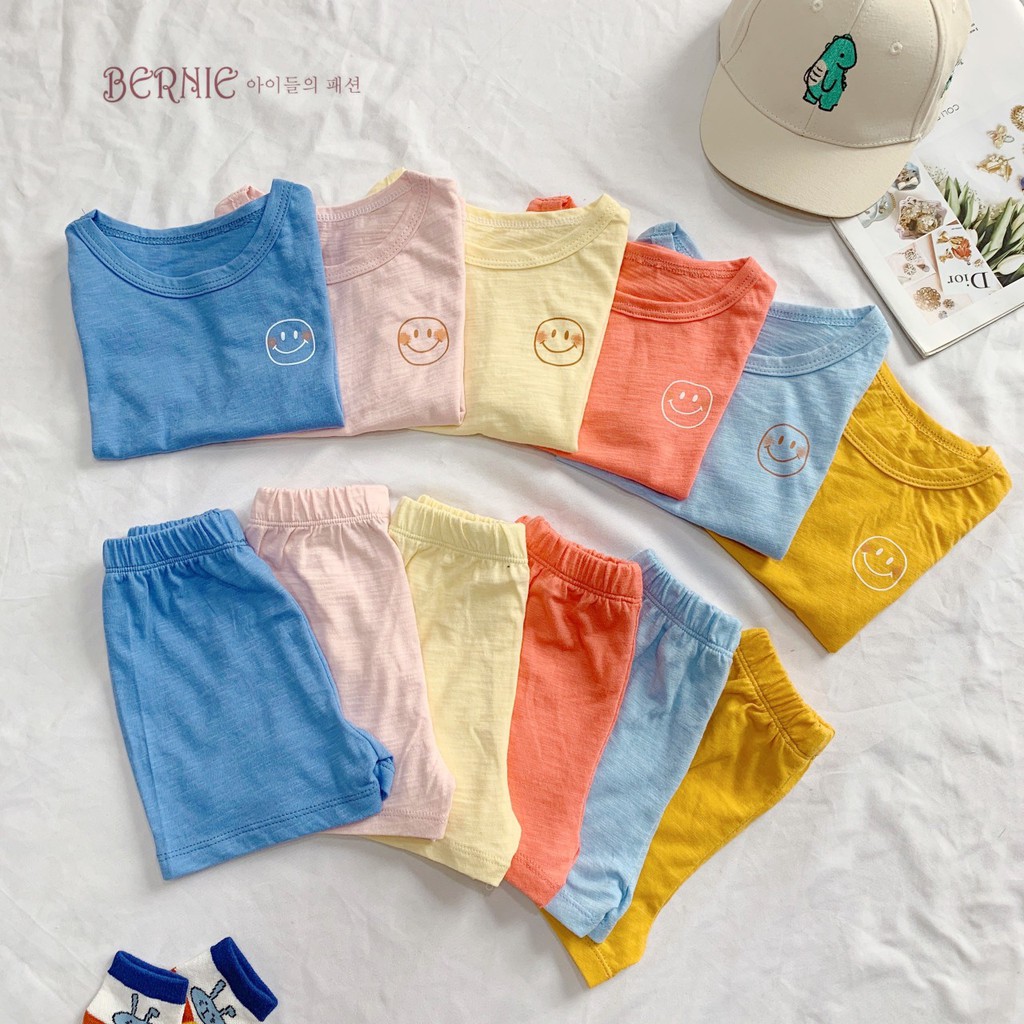 Bộ cotton xước hình mặt cười cho bé, bộ unisex bé trai bé gái