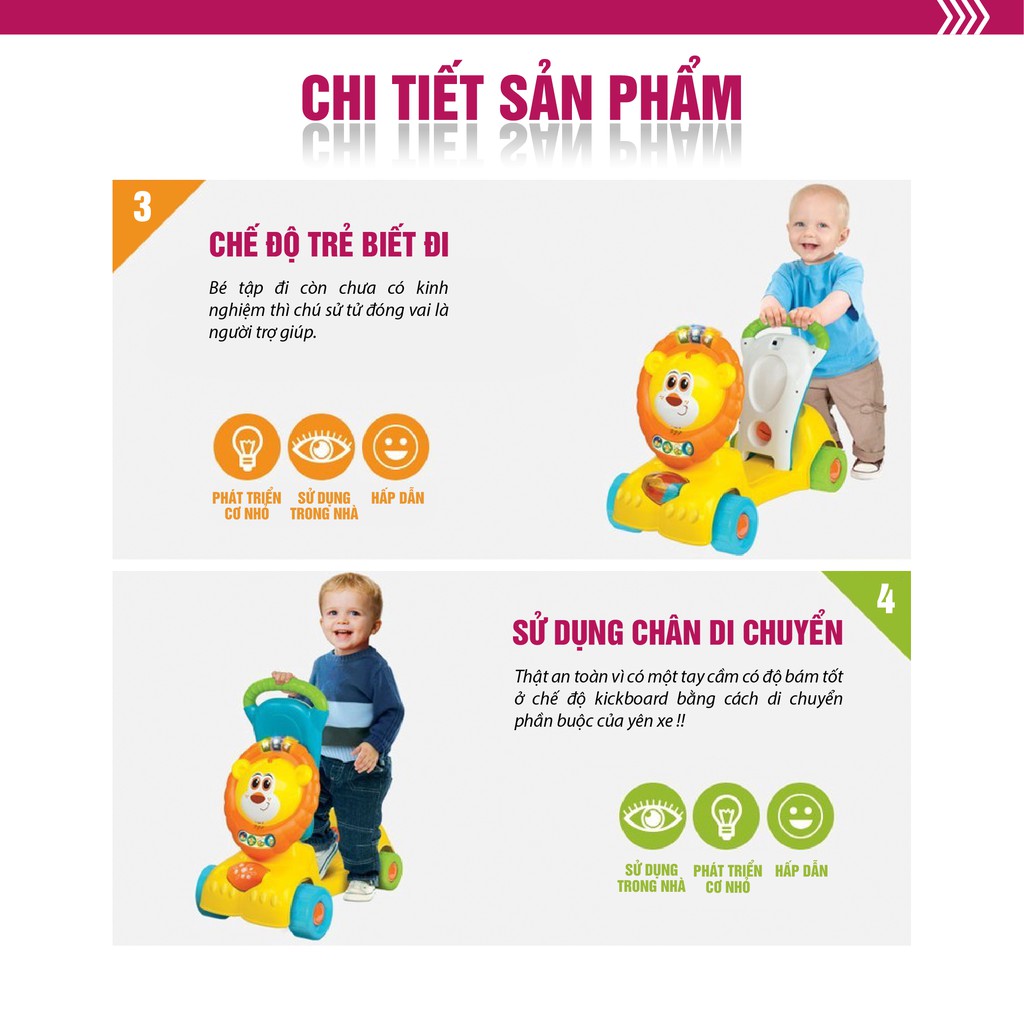 Xe tập đi kết hợp xe chòi chân và xe scooter 3 trong 1 hình sư tử có nhạc cho bé Winfun 0855