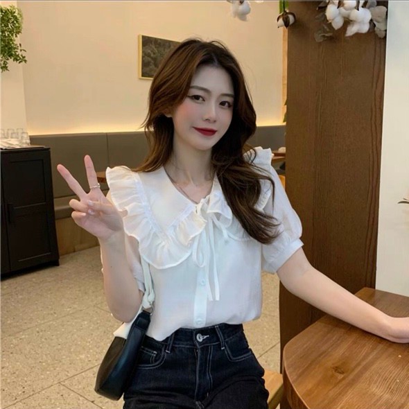 áo sơ mi nữ cổ bèo kèm cột nơ, áo tiểu thư